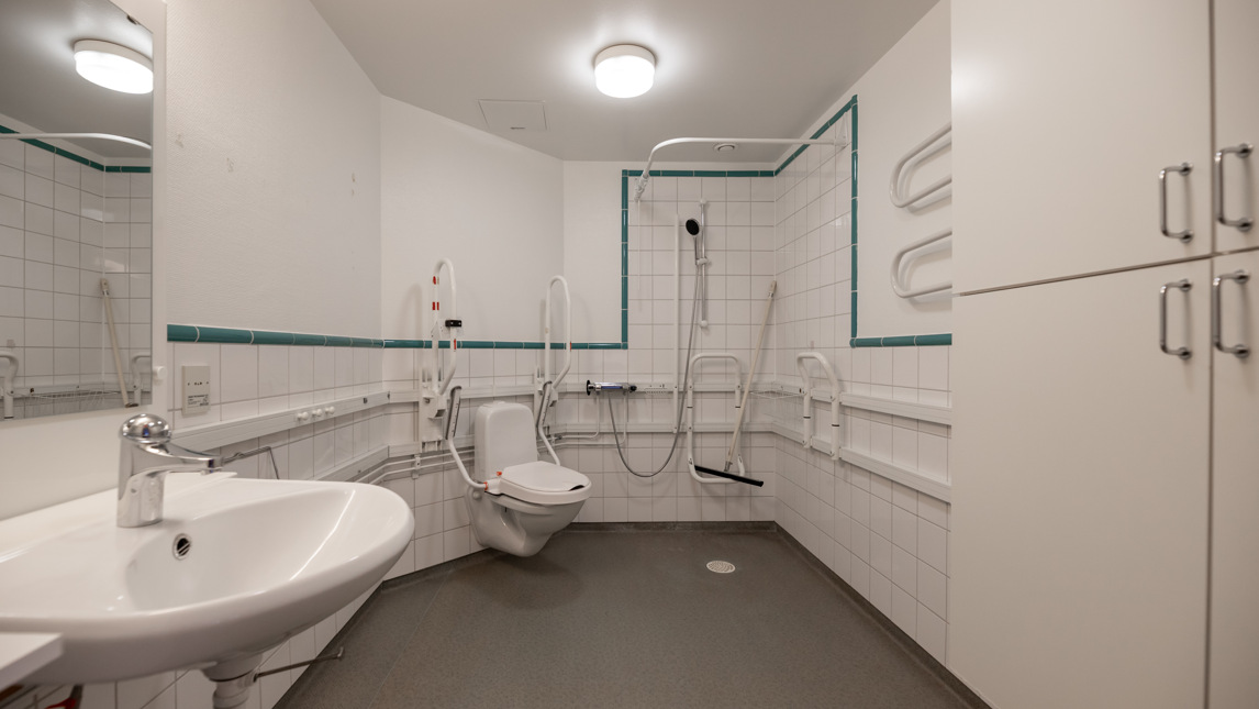 Handikapptoalett med duschhörna.