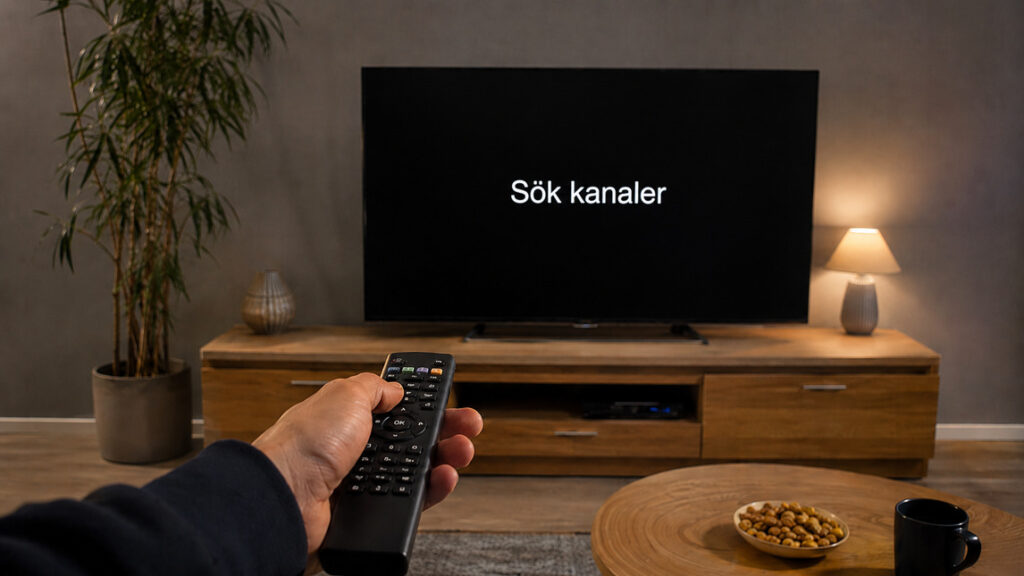 En person som håller i en fjärrkontroll framför en tv.