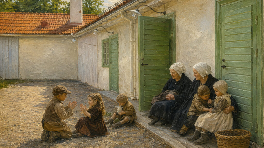 Kvinnor och barn sitter utanför en vit byggnad med gröna dörrar.